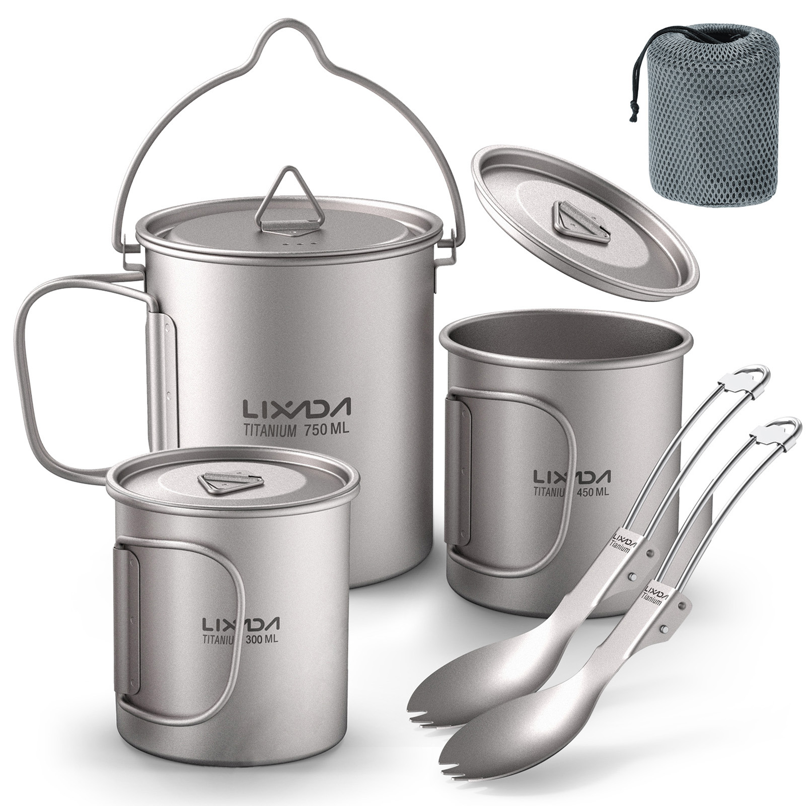Camping Cooking Pot With Lid - Panci Titanium Ultralight 300ml/750ml Portabel, Cangkir